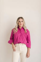 Women's Ruffle collar button down shirt in Berry pink.