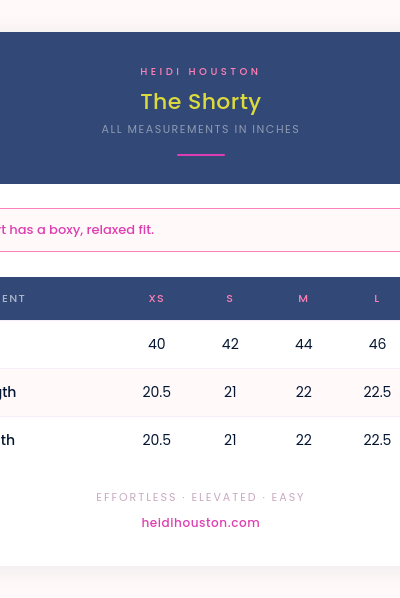 Measurement tool interface for 'The Shorty' with size options and measurements displayed.