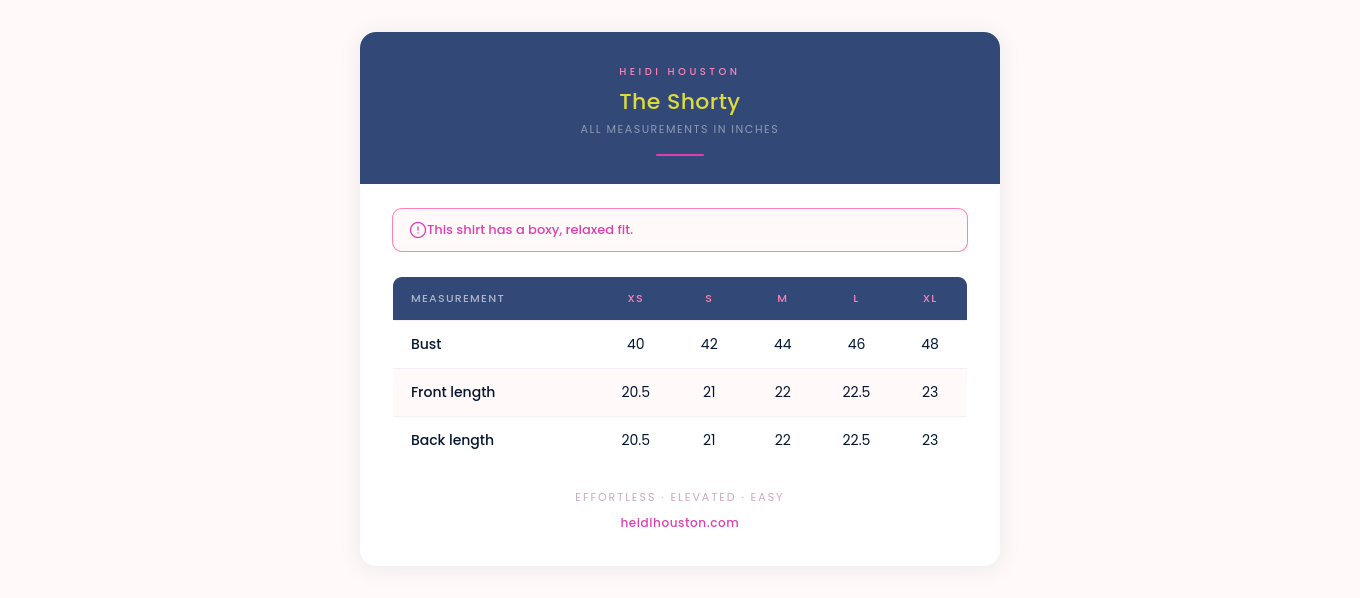 Measurement tool interface for 'The Shorty' with size options and measurements displayed.