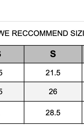 Size chart for a long sleeve ruffle shirt with measurements in inches.