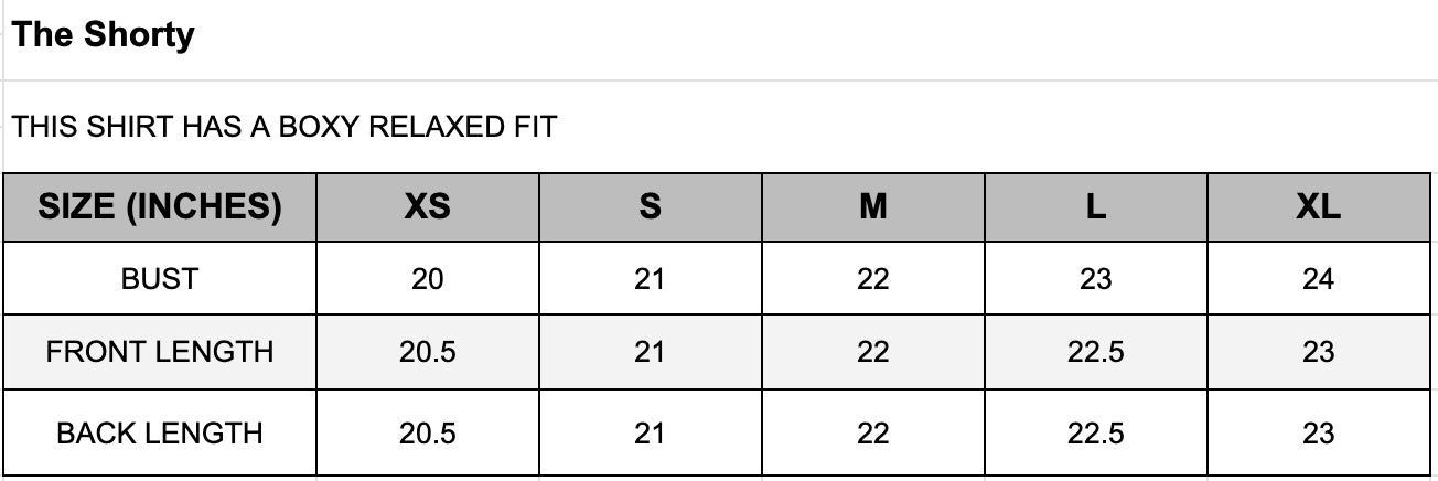 Size chart for a shirt with measurements in inches for bust, front length, and back length.
