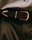 Marc Suede Belt in Chocolate worn at the hip