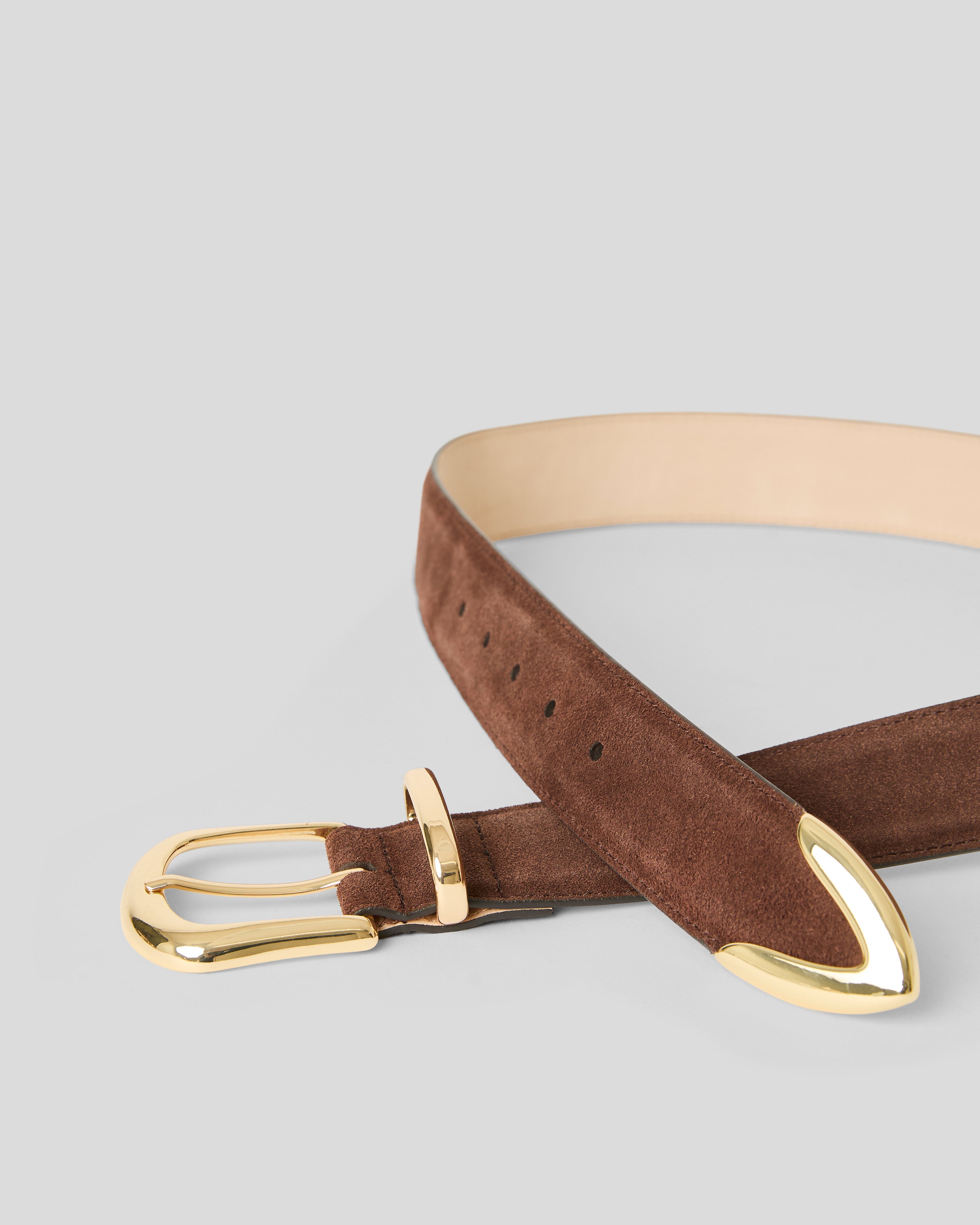 Marc Suede Belt in Chocolate - buckle and tip detail