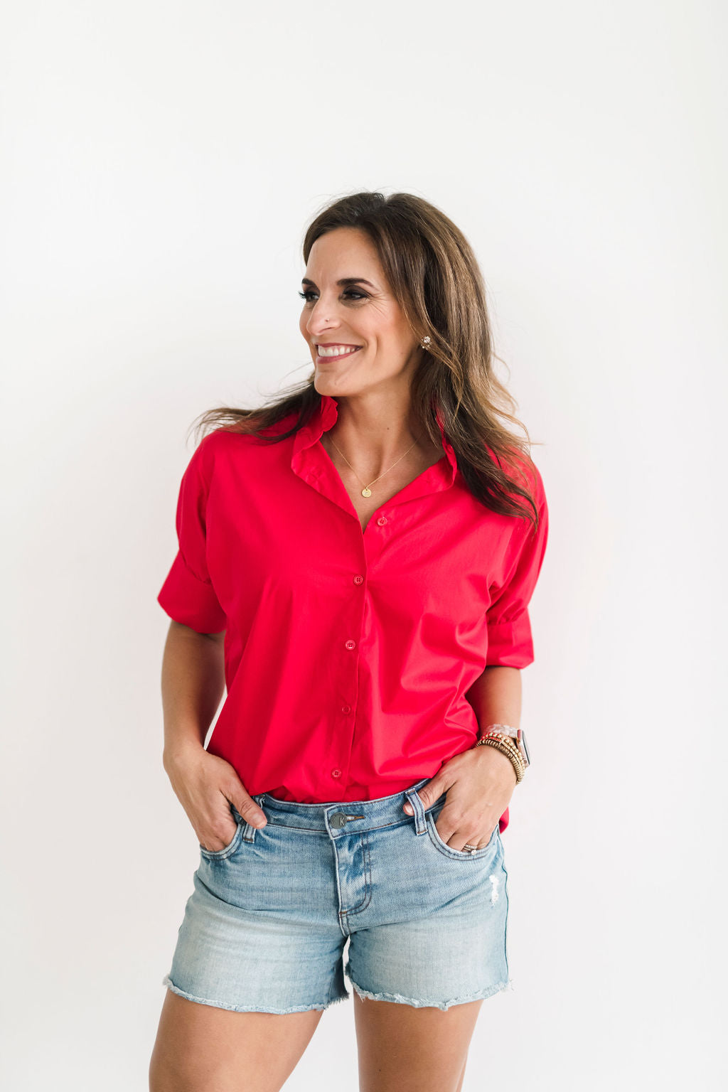 Red Short Sleeve Ruffle Collared Shirt | HEIDI HOUSTON – Heidi Houston