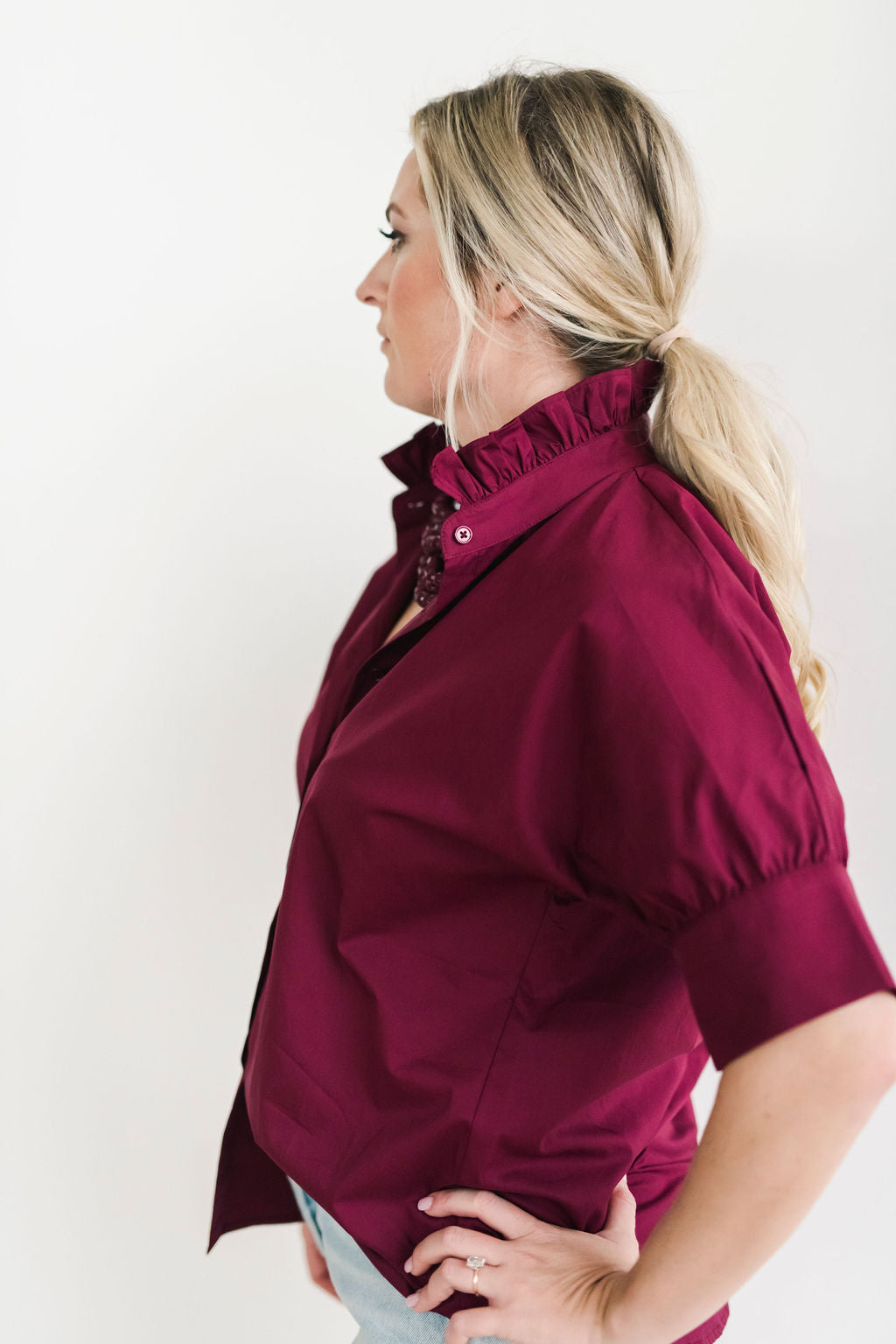 Burgundy ruffle shirt clearance