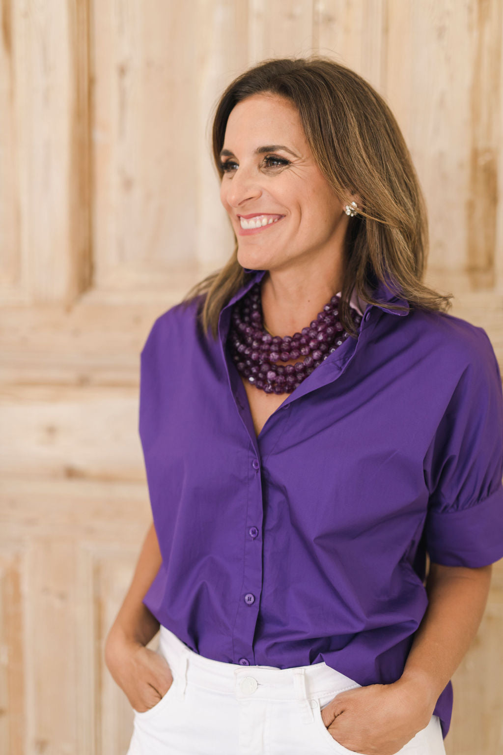 Purple ruffle shirt on sale