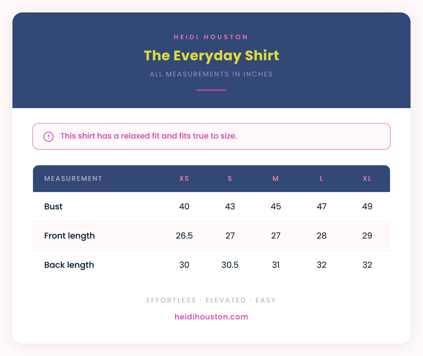 Size chart for The Everyday Shirt, sizes XS to XL