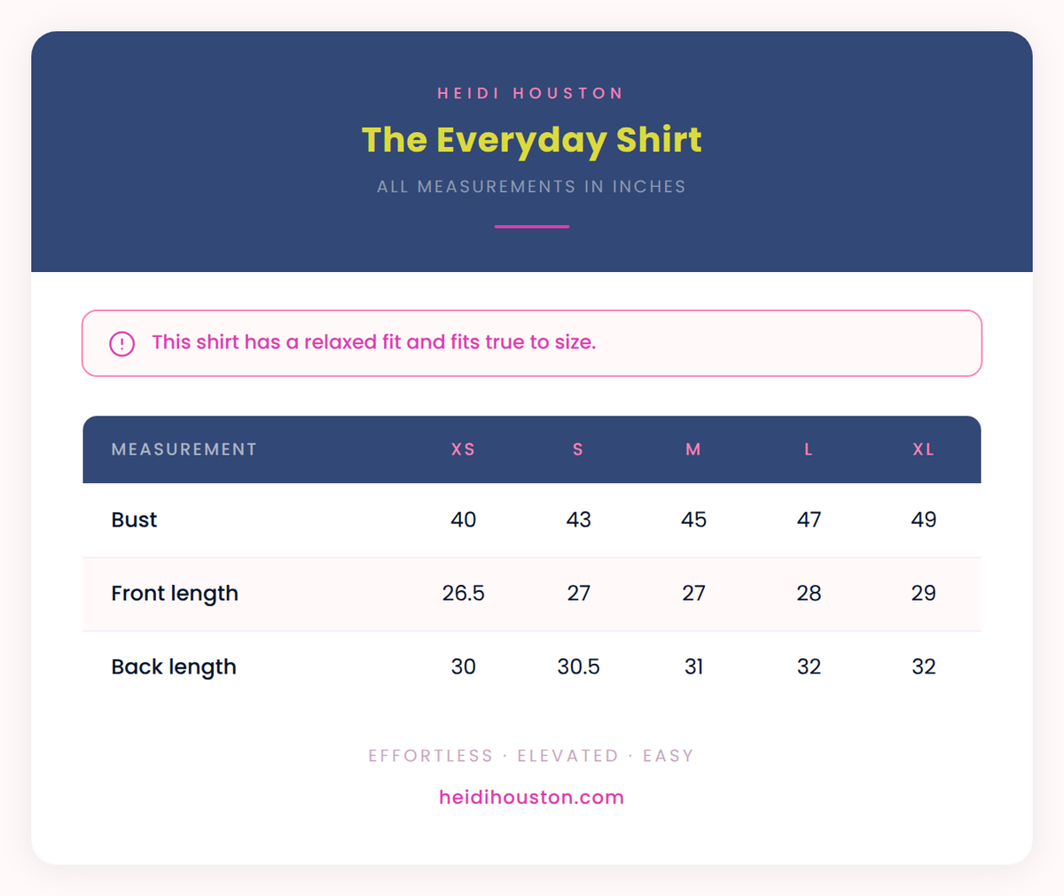 Size chart for The Everyday Shirt, sizes XS to XL