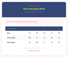 Size chart for The Everyday Shirt, sizes XS to XL