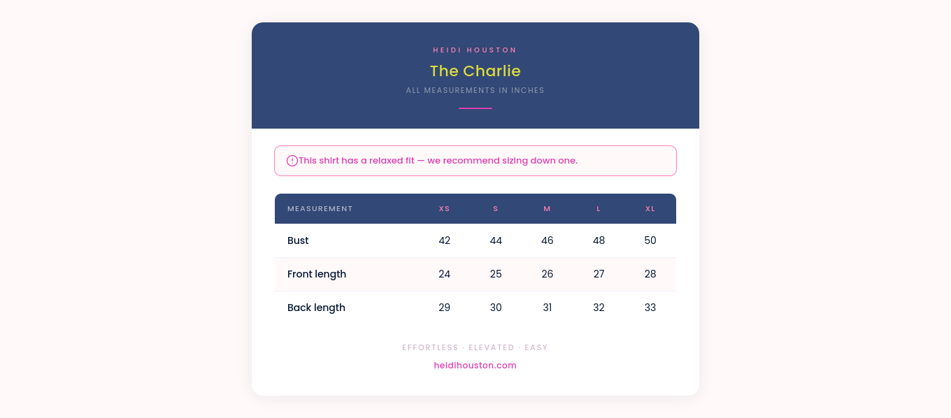 Measurement chart for clothing with brand name 'The Charlie' on a white background