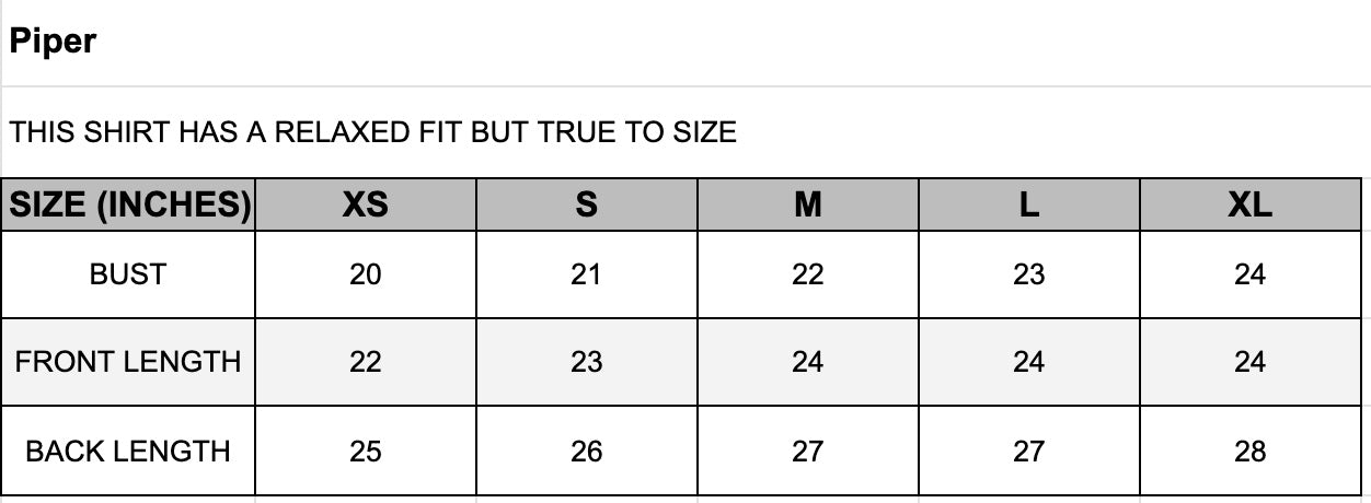 Size chart for a shirt with measurements in inches for bust, front length, and back length.