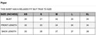 Size chart for a shirt with measurements in inches for bust, front length, and back length.