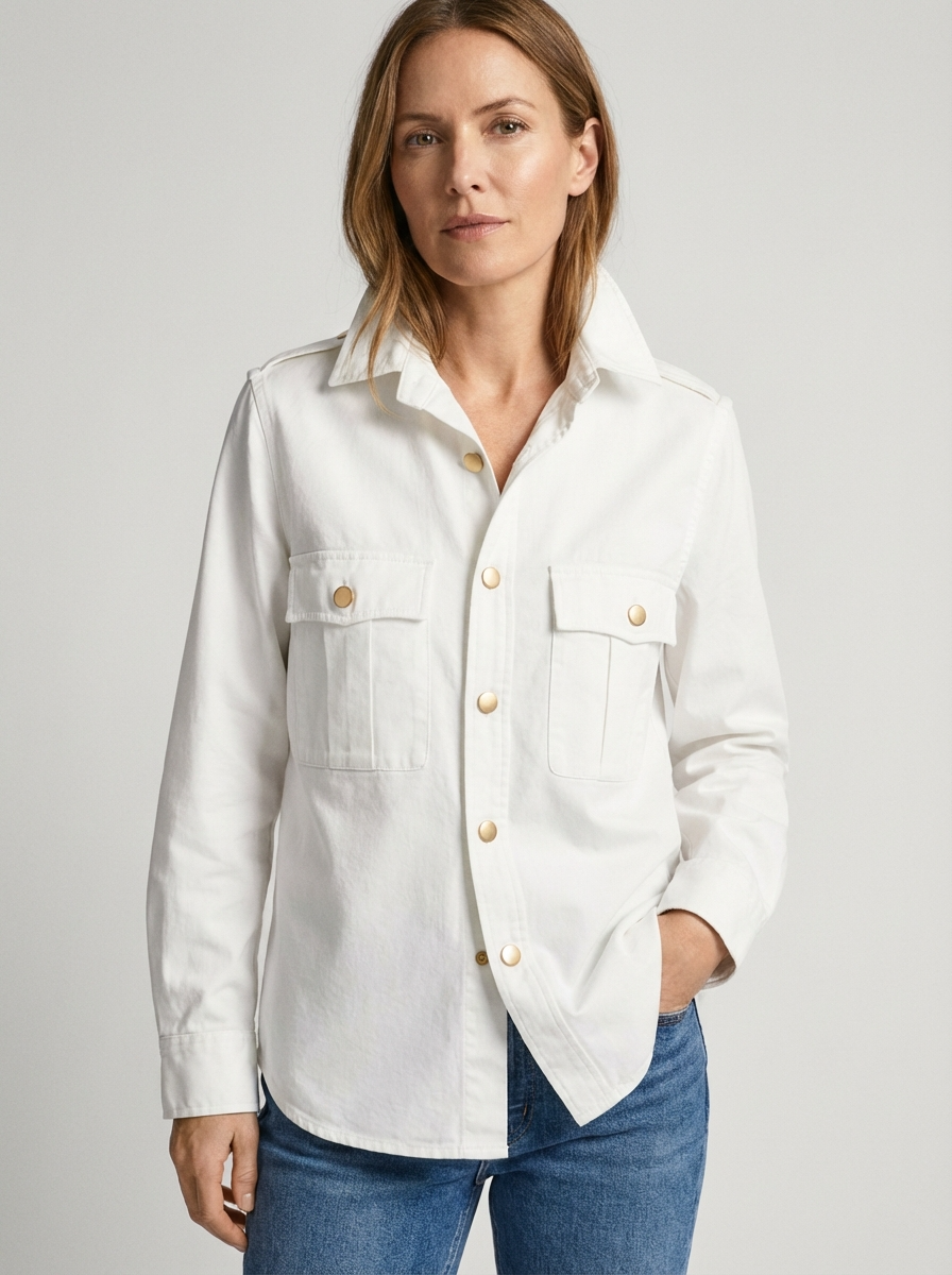 Woman wearing a white shirt with gold buttons on a gray background