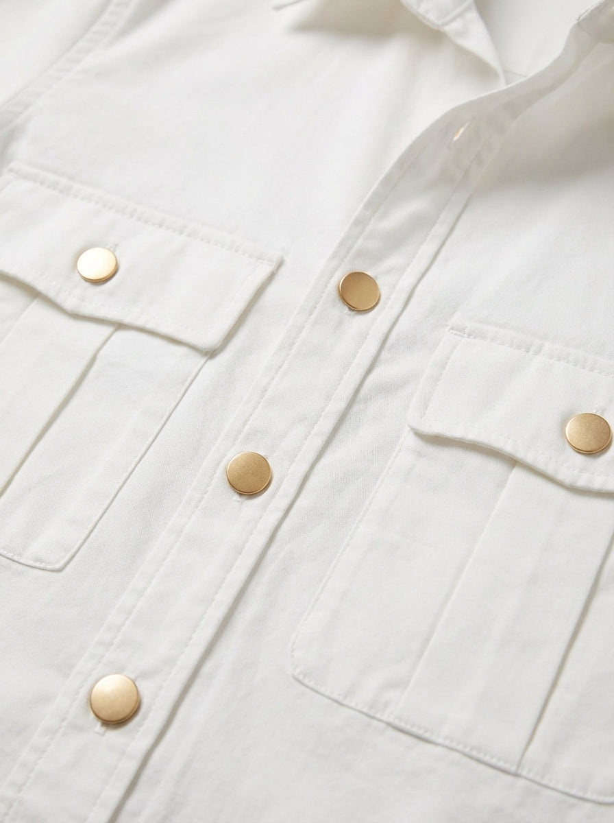 Close-up of a white jacket with gold buttons